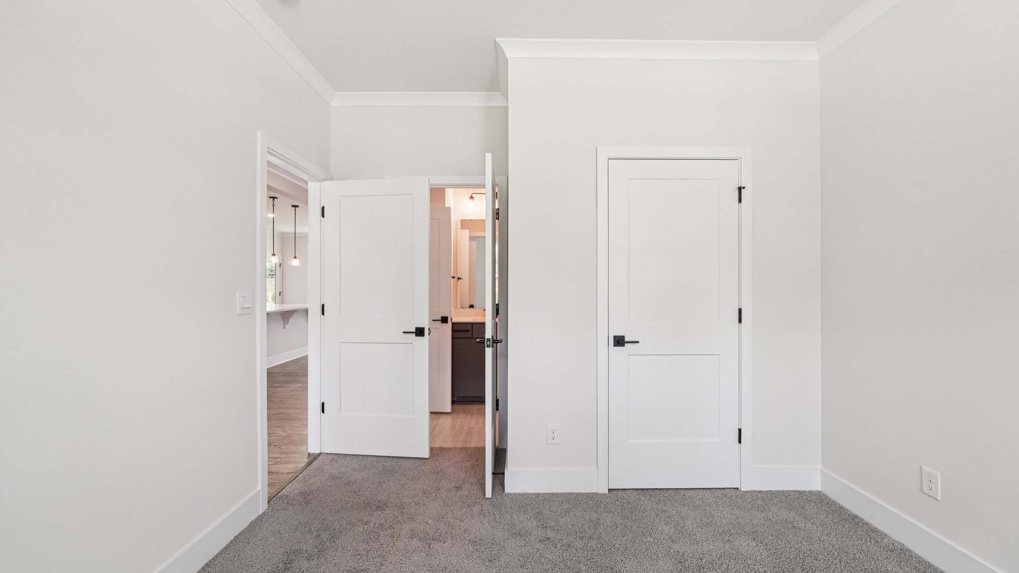 Carpeted bedroom with 2 large windows