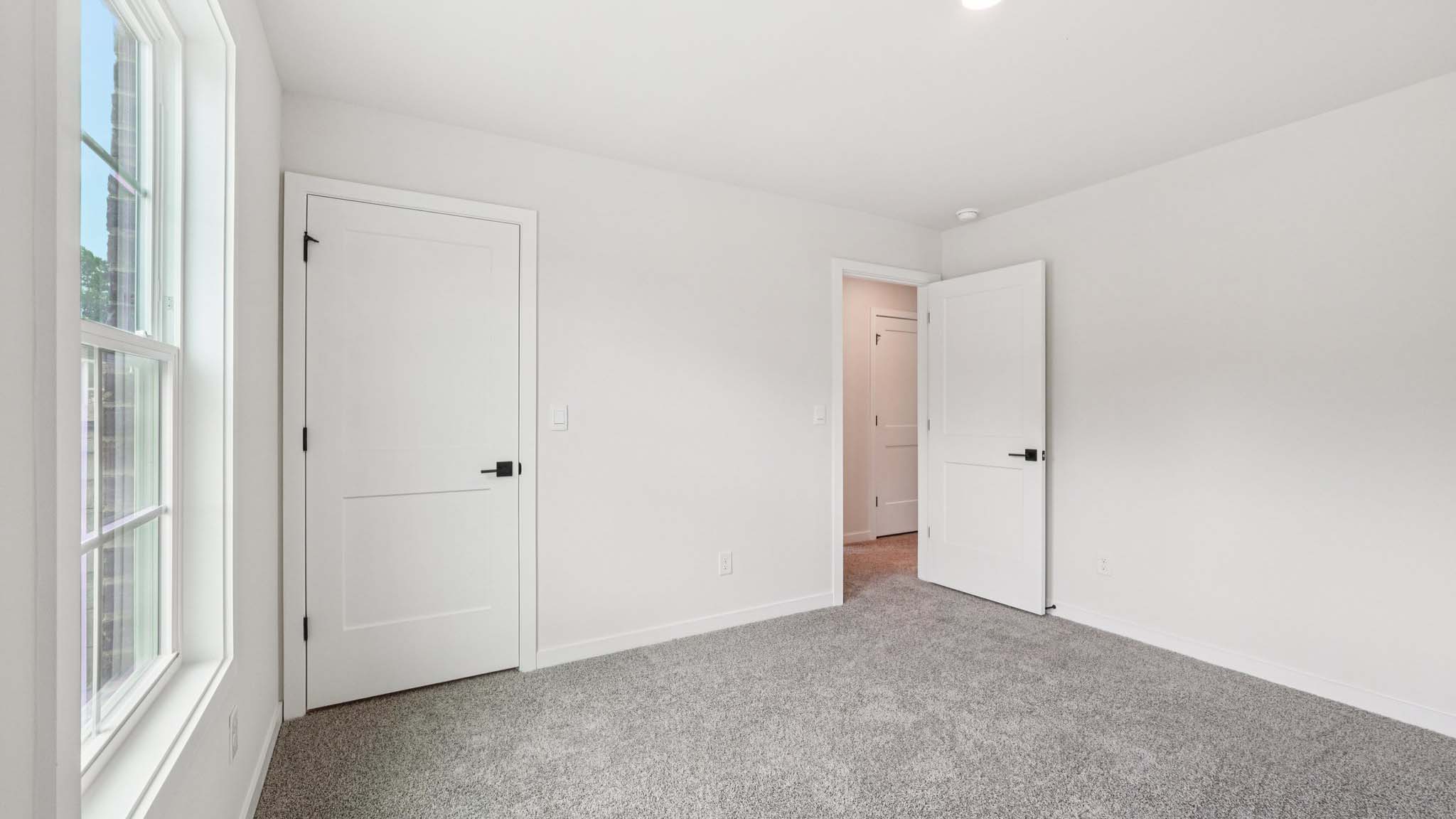 Carpeted bedroom with 2 large windows