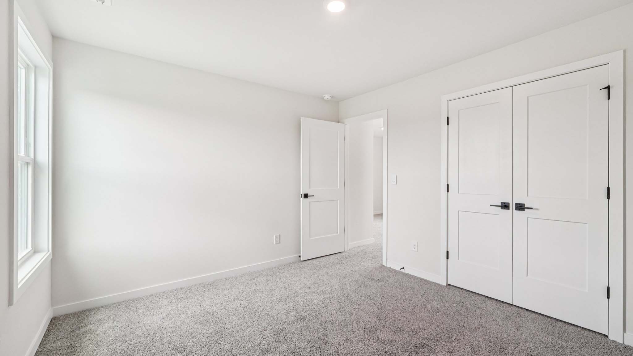 carpeted bedroom with two large windows