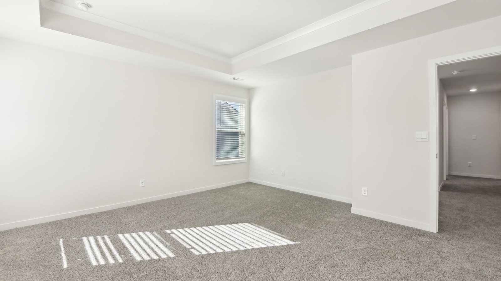 Primary carpeted bedroom with large windows