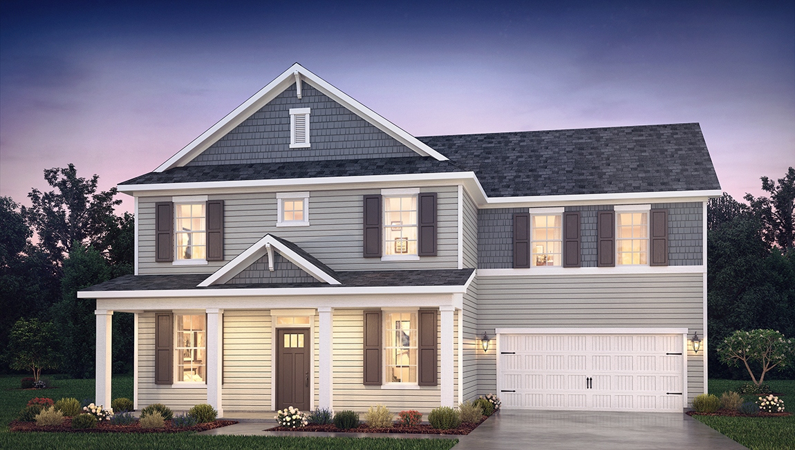 Greenwood front exterior with siding and two car garage, new home in Charlotte, NC