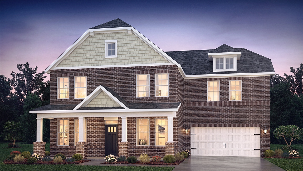 Greenwood front exterior with siding, brick and two car garage