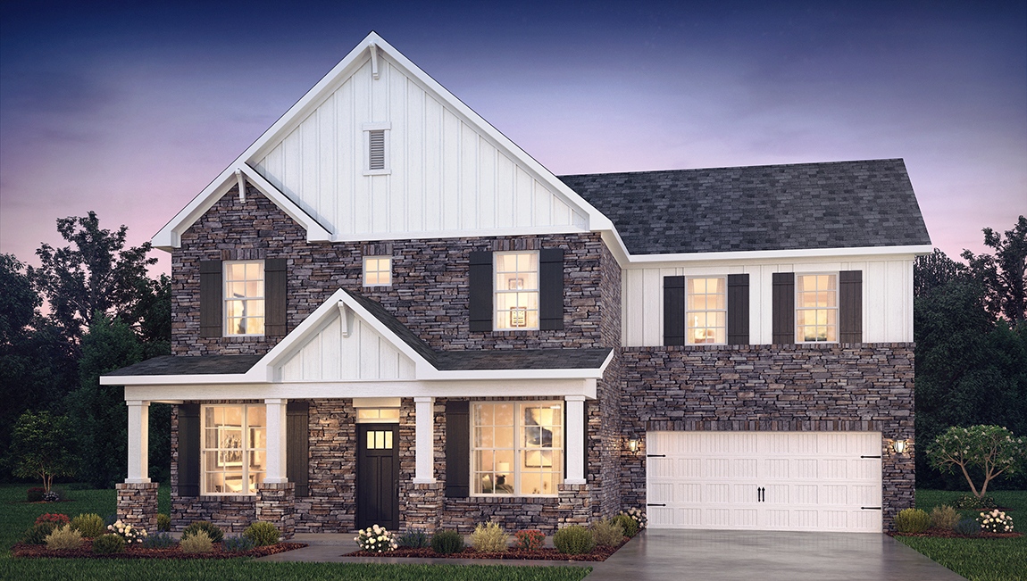 Greenwood front exterior with siding, stone and two car garage
