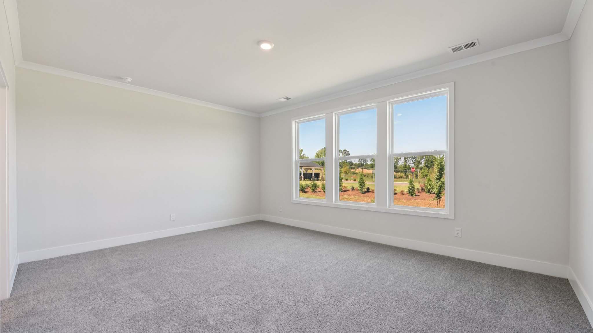 Primary carpeted bedroom with large windows