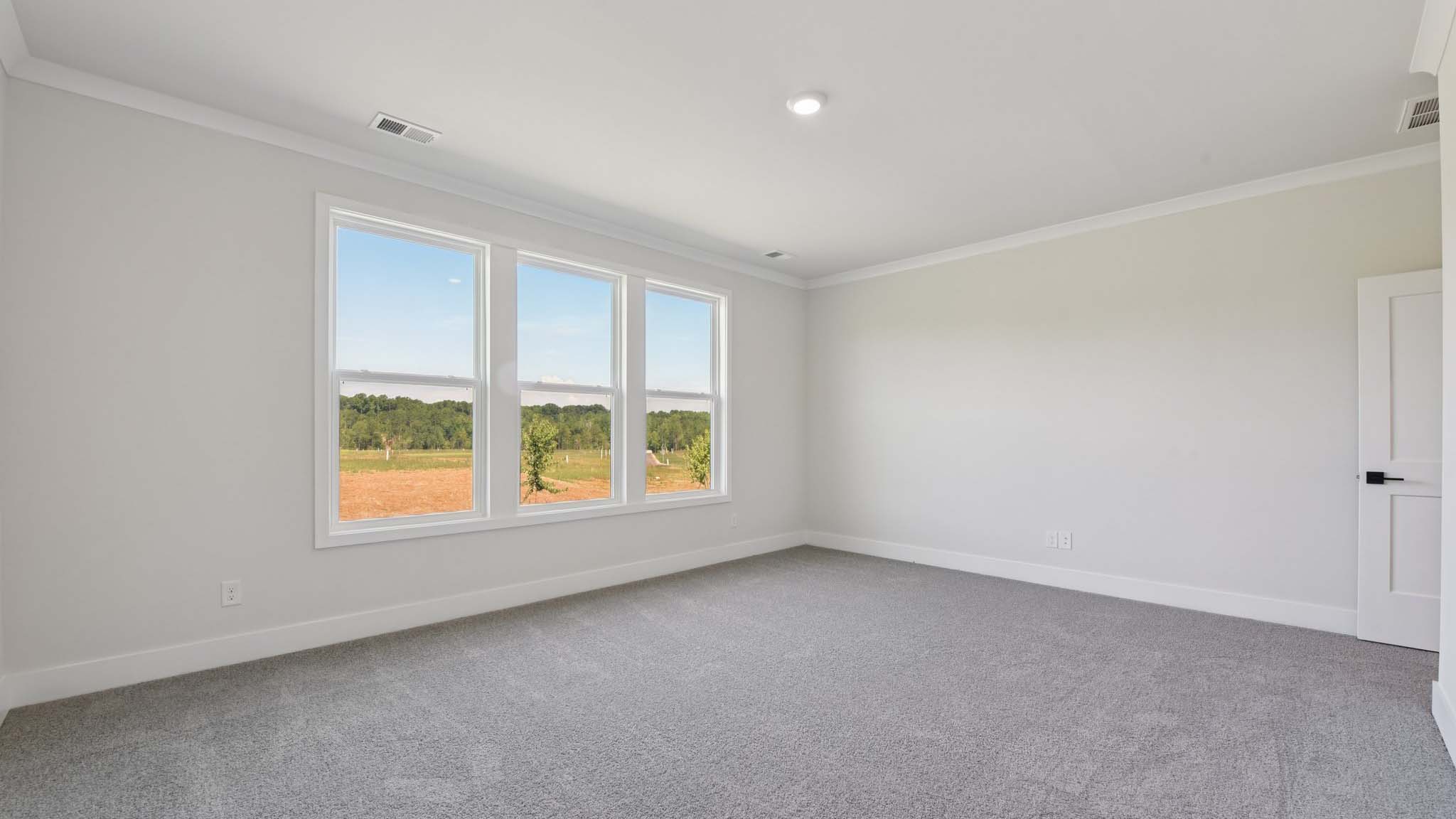 Primary carpeted bedroom with large windows