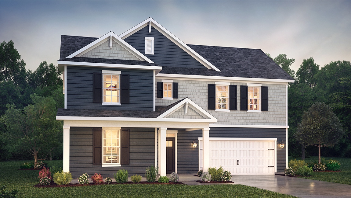 Hartwell front exterior with siding and two car garage, new home in Charlotte, NC