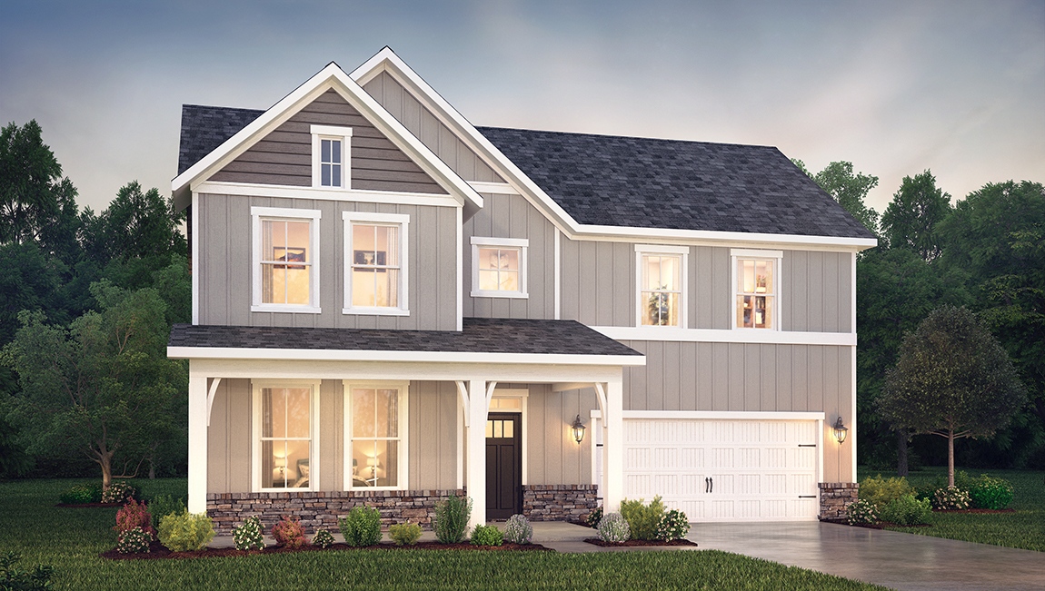 Hartwell front exterior with siding, stone and two car garage