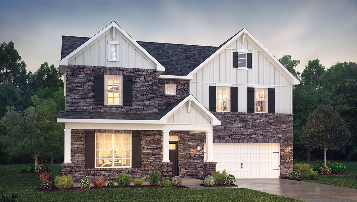 Hartwell front exterior with siding, brick and two car garage