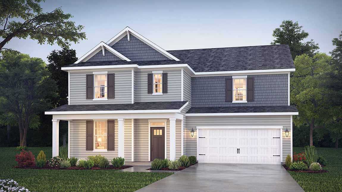 Jordan front exterior with siding, stone and two car garage