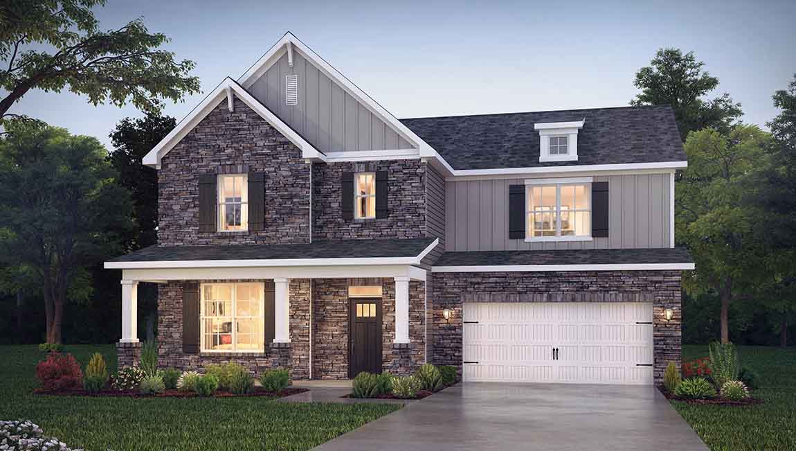 Jordan front exterior with siding, stone and two car garage