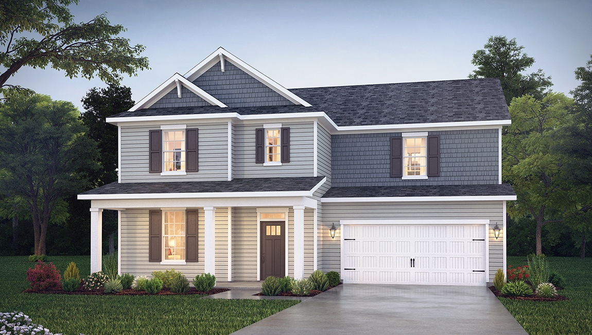 Jordan front exterior with siding and two car garage, new homes in Charlotte, NC
