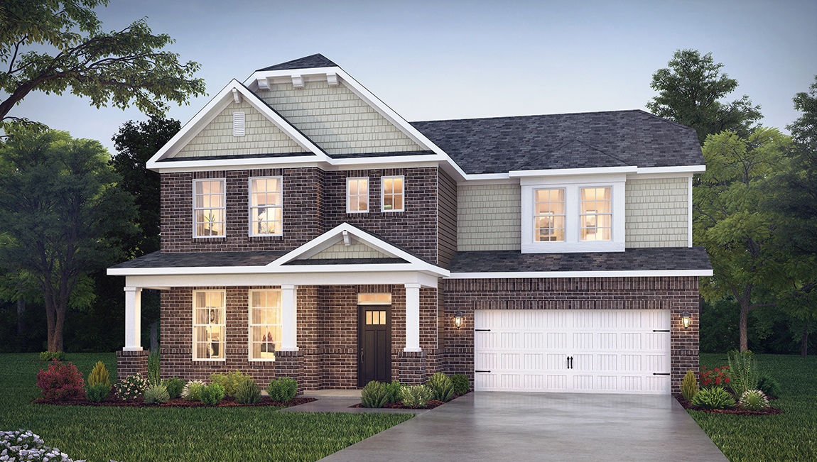 Jordan front exterior with siding, brick and two car garage