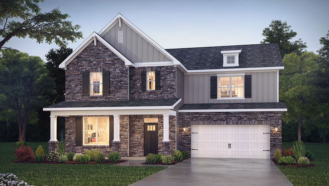 Jordan front exterior with siding, stone and two car garage