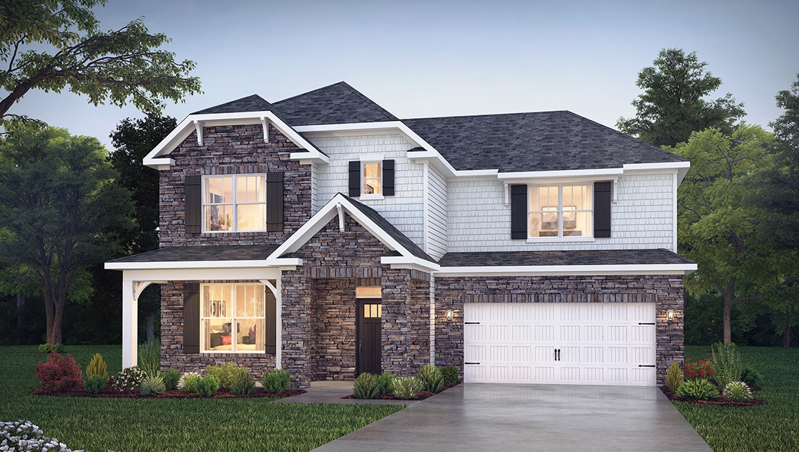 Jordan front exterior with siding, stone and two car garage