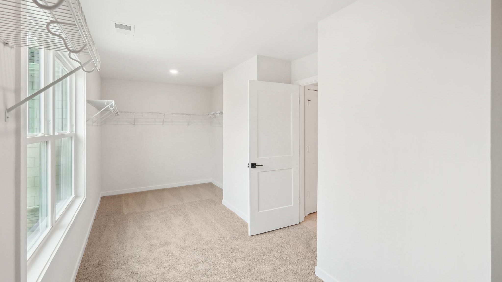 primary bedroom walk in closet carpeted with 2 large windows