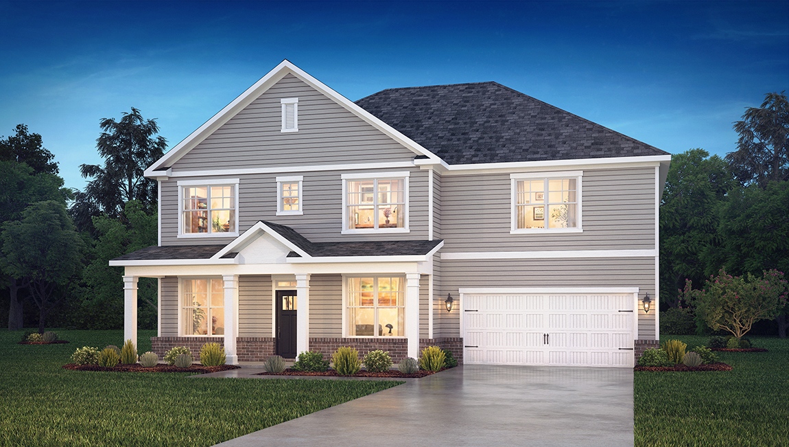 Norman front exterior with siding, stone and two car garage