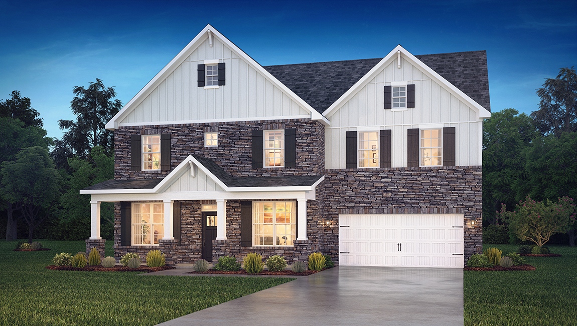 Norman front exterior with siding, stone and two car garage