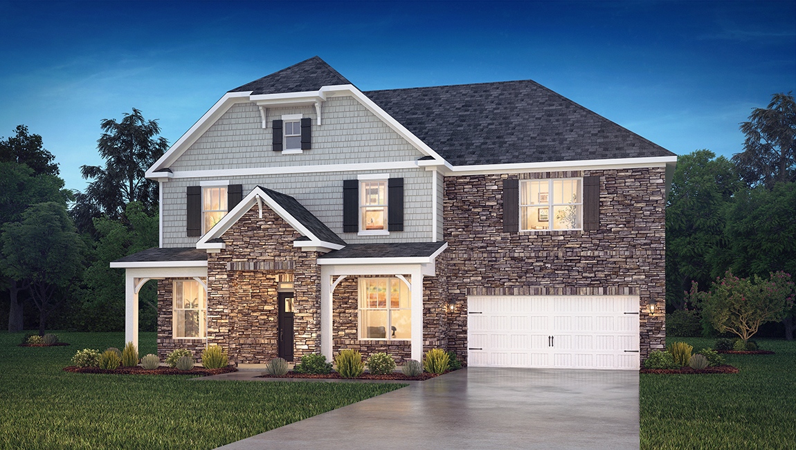 Norman front exterior with siding, stone and two car garage