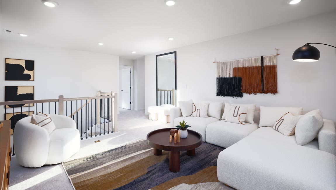 upstairs loft area, carpeted with two windows