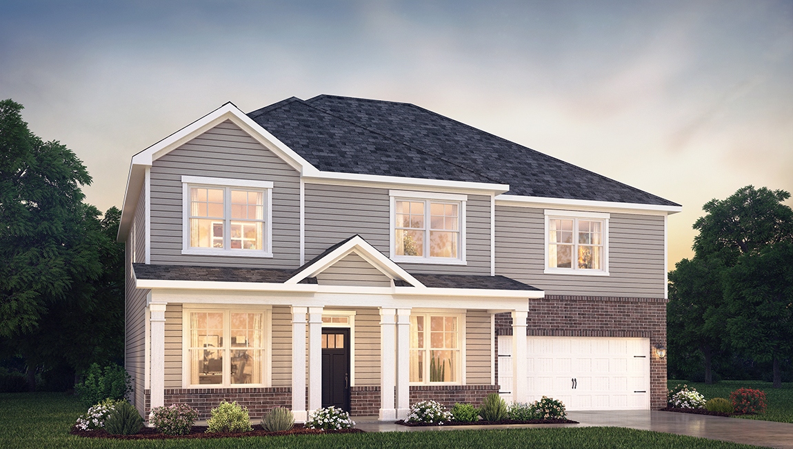 Tillery front exterior with siding, brick and two car garage