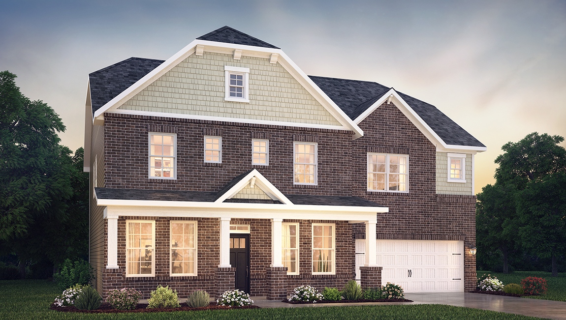 Tillery front exterior with siding, brick and two car garage