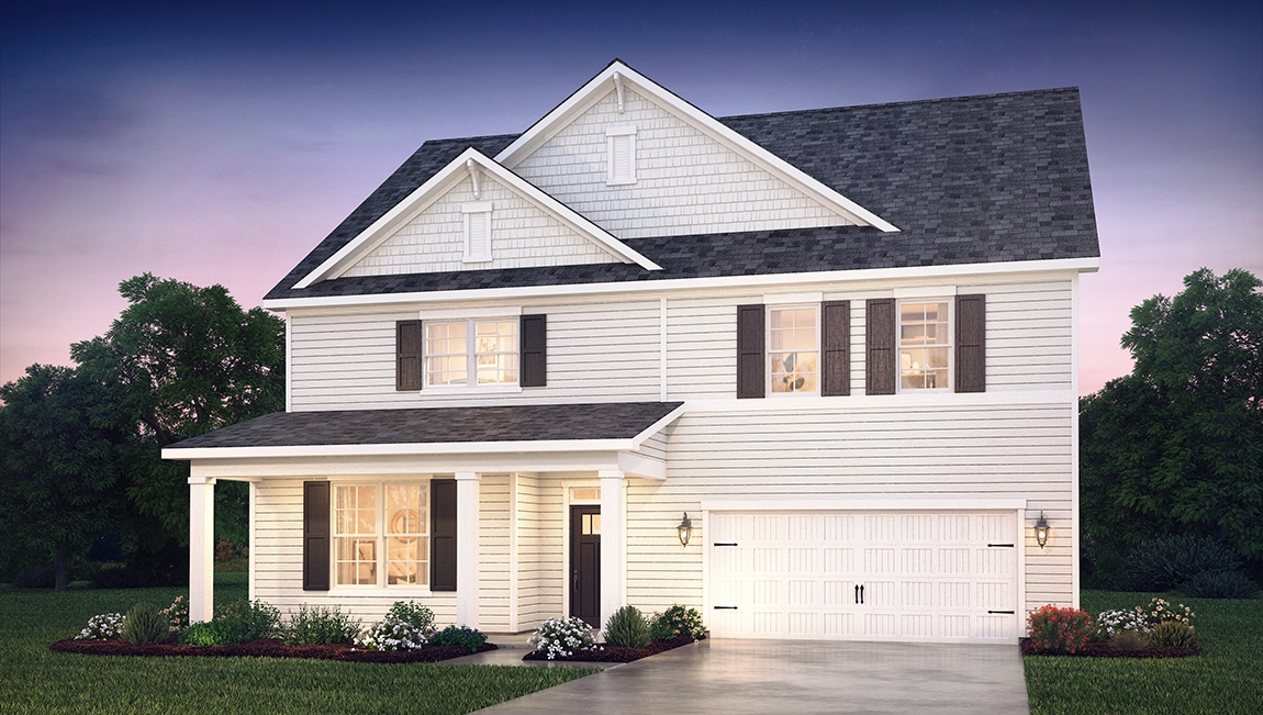 Wylie front exterior with white siding and two car garage