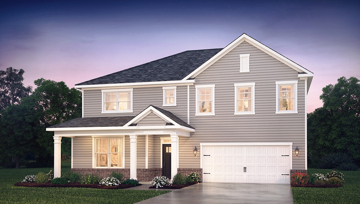 Wylie front exterior with beige siding, brick and two car garage