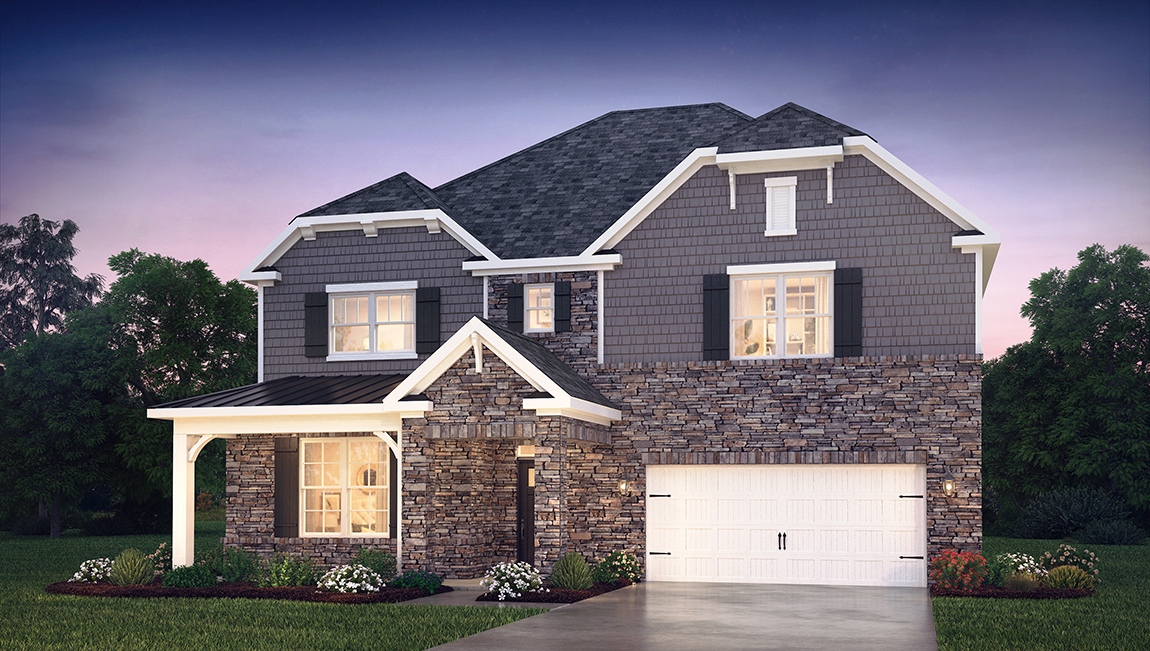 Wylie front exterior with dark grey siding, stone and two car garage