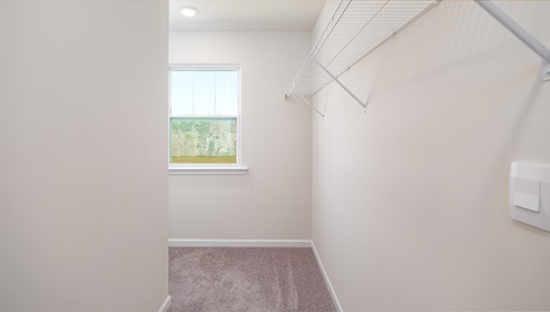 Primary carpeted walk in closet with window, and hanger racks