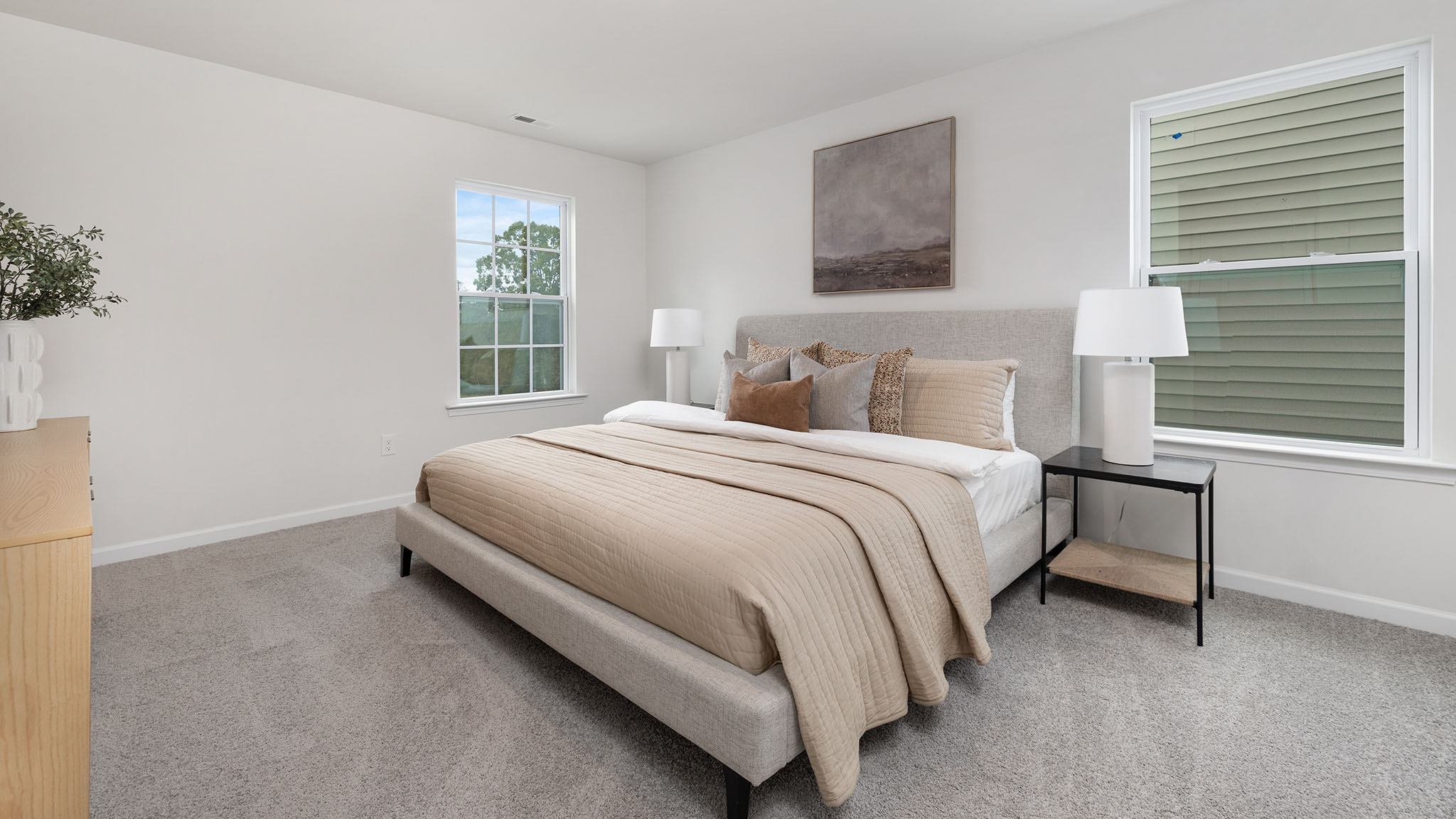 Primary carpeted bedroom with windows