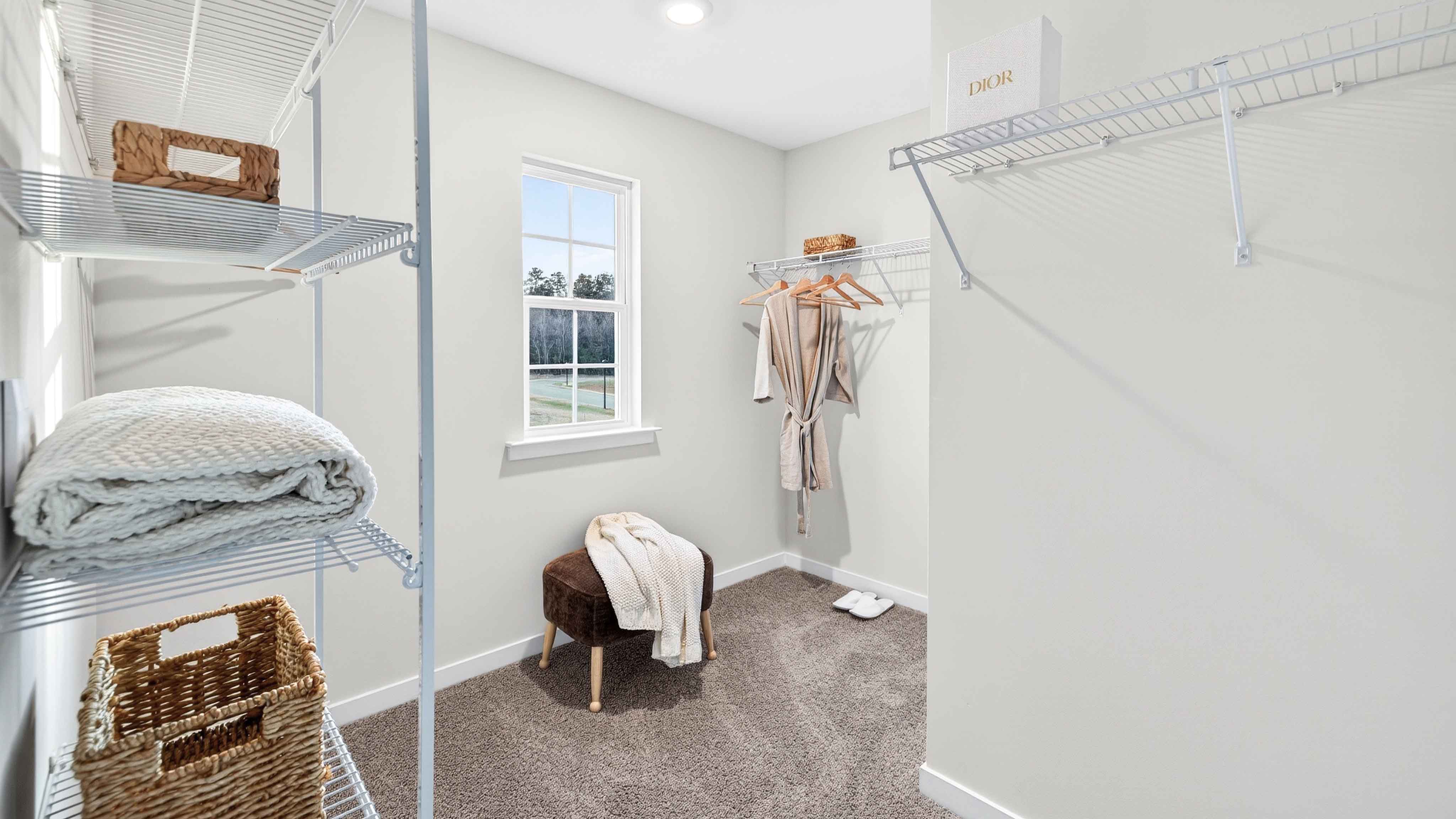 Primary bedroom walk in closet, carpeted, with small window