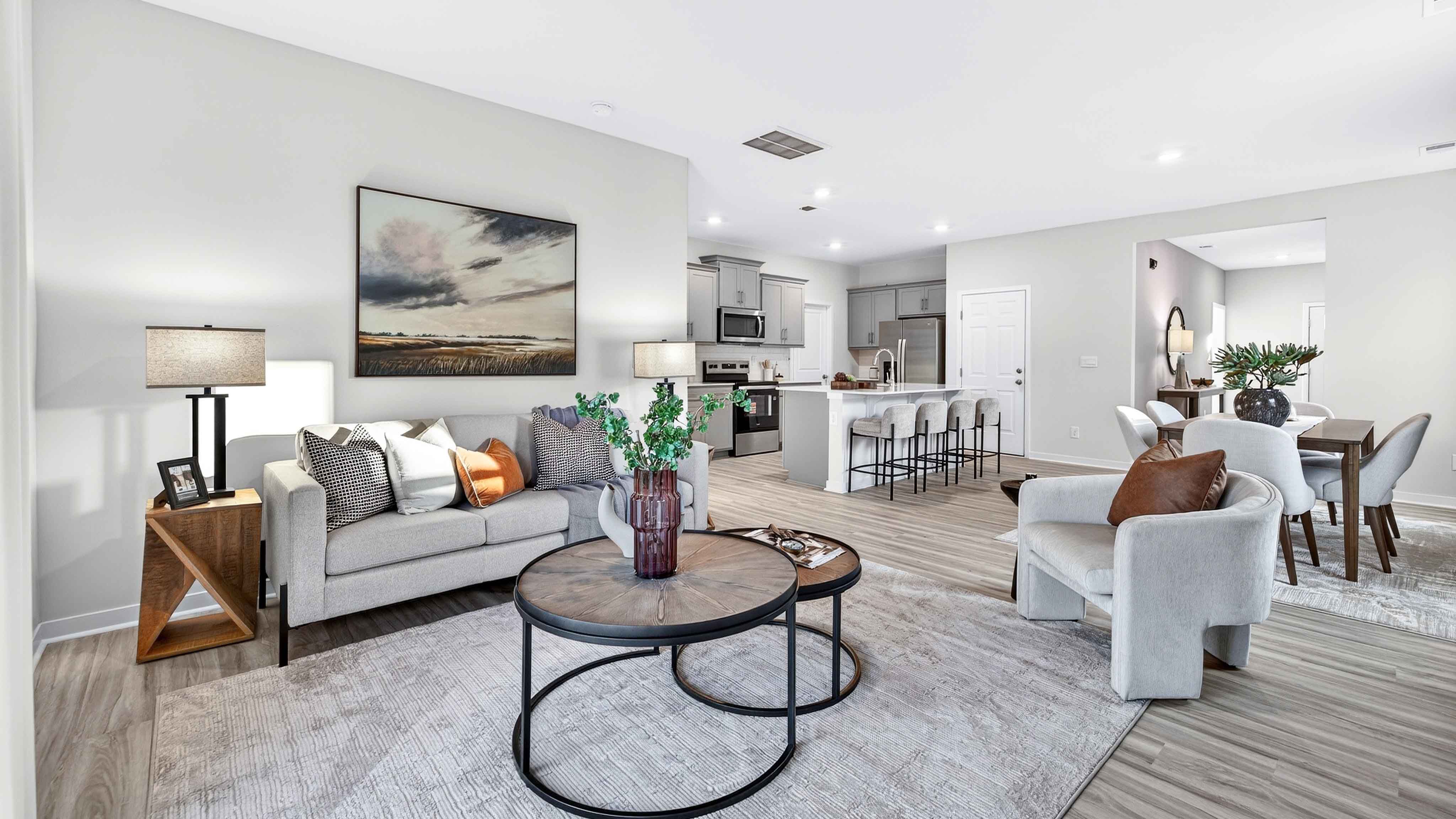 Family room with fireplace and large window