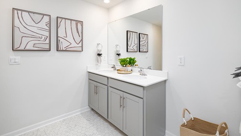 Fergus Crossing Townhomes Newton Model primary bathroom with double sinks, grey cabinets, and white counter