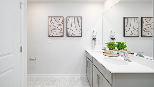 Fergus Crossing Townhomes Newton Model primary bathroom with double sinks, grey cabinets, and white counter