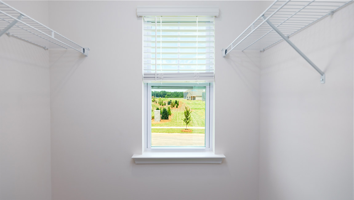Model primary carpeted walk in closet with window