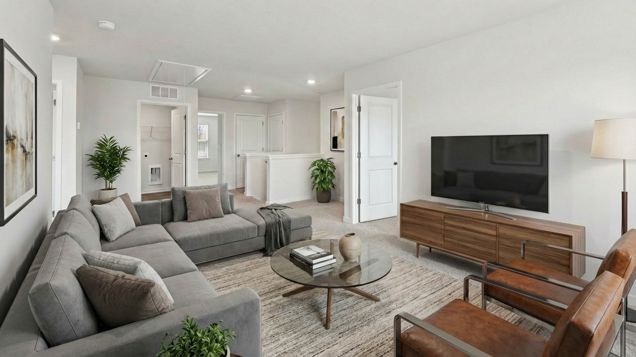 Carpeted bedroom with windows