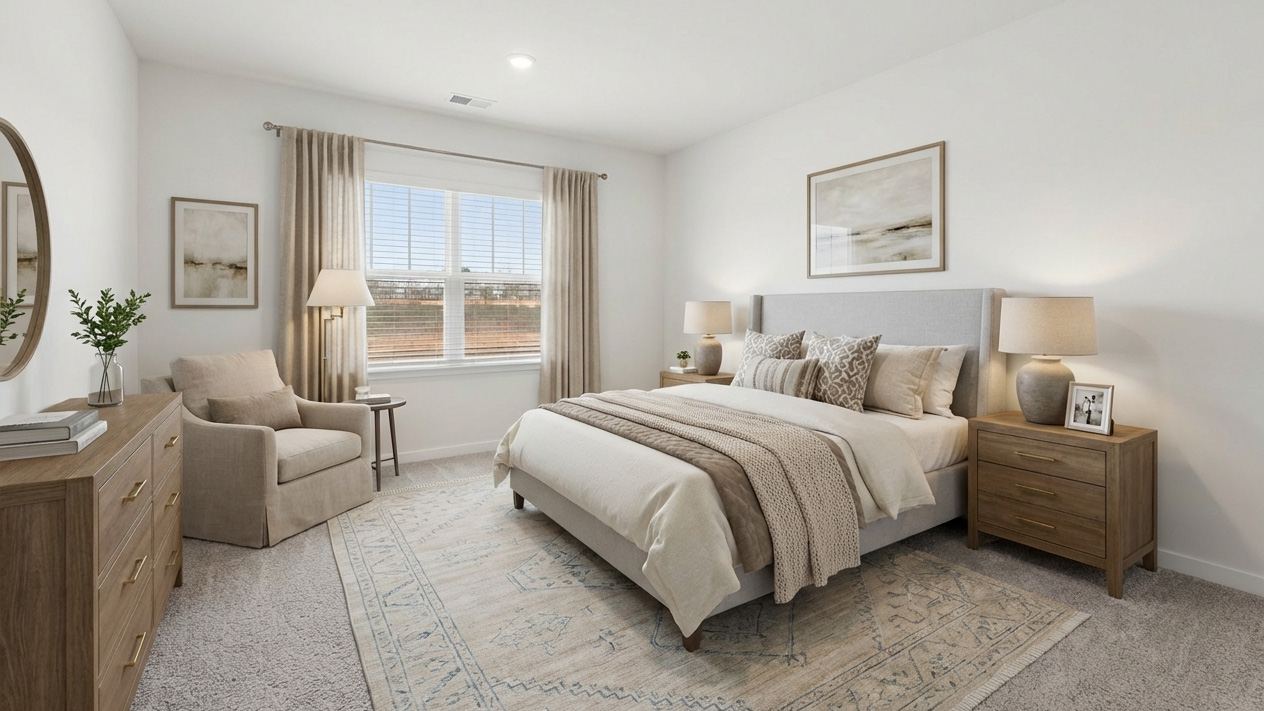 Carpeted bedroom with windows