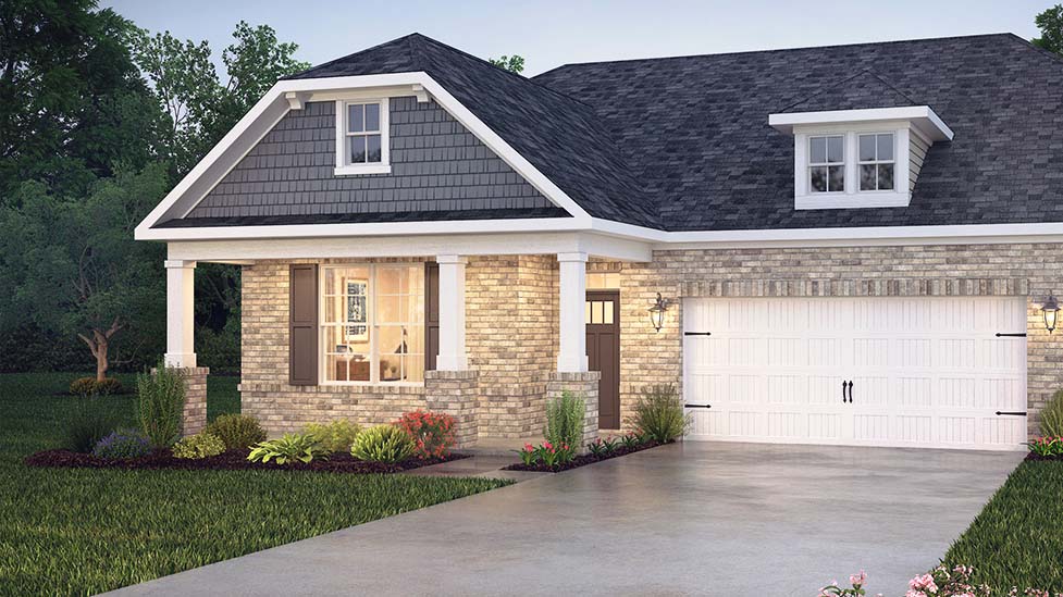Birch front exterior with stone, brown and white siding, and two car garage