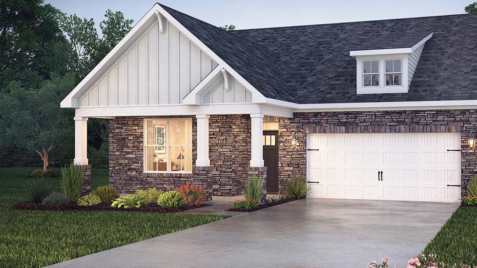 Birch front exterior with stone, brown and white siding, and two car garage