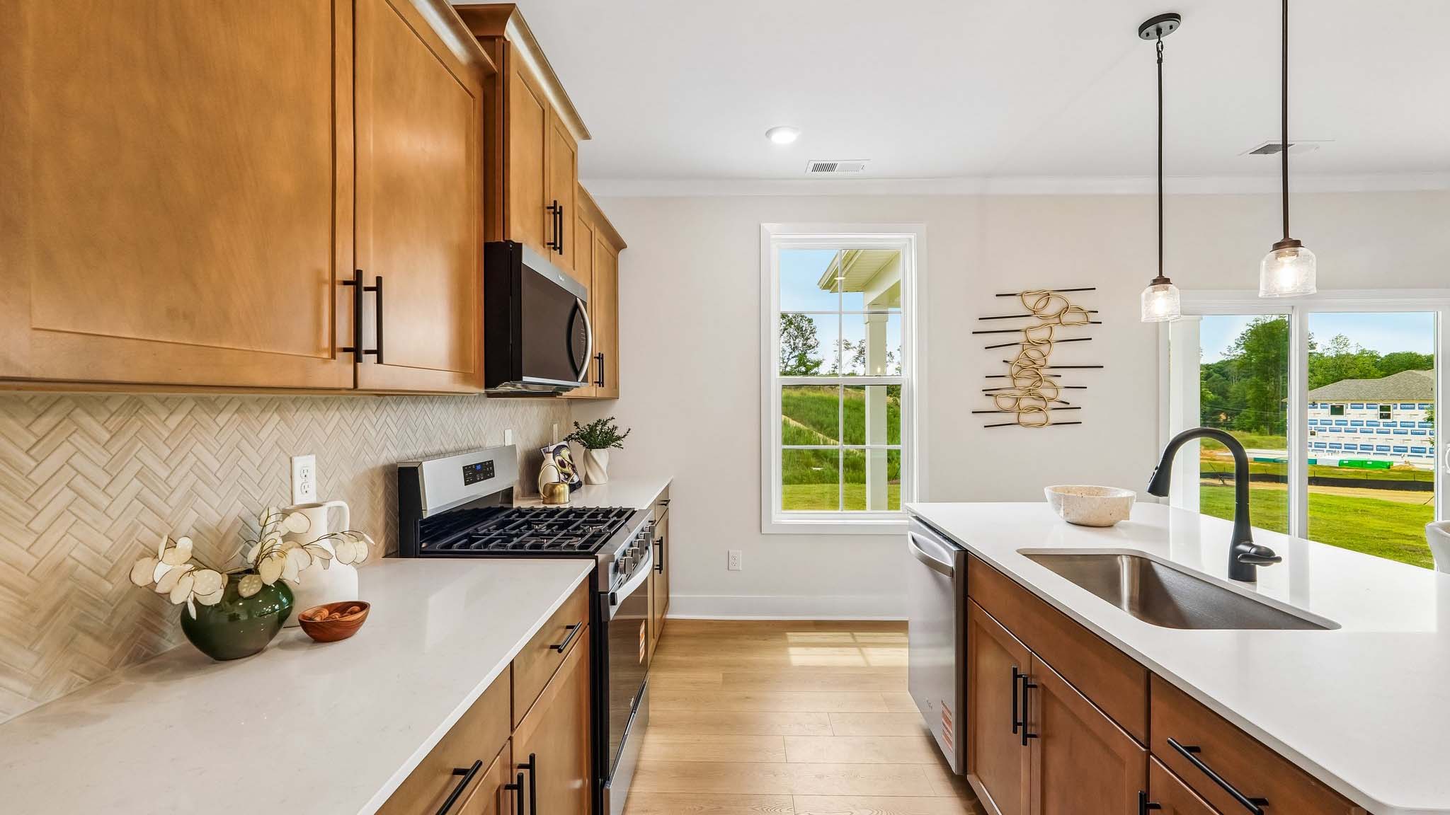Kitchen and island with windows