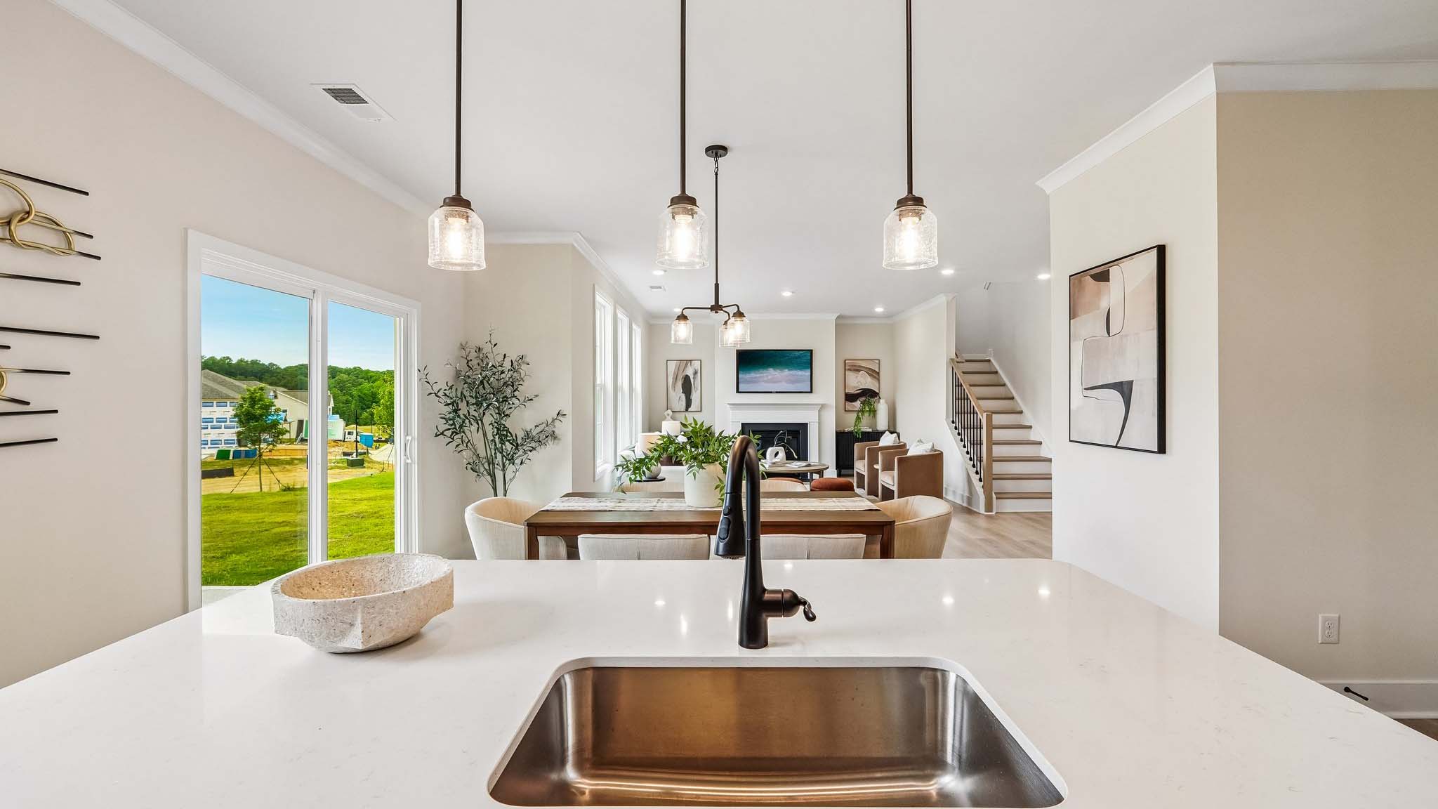 Kitchen and island with windows