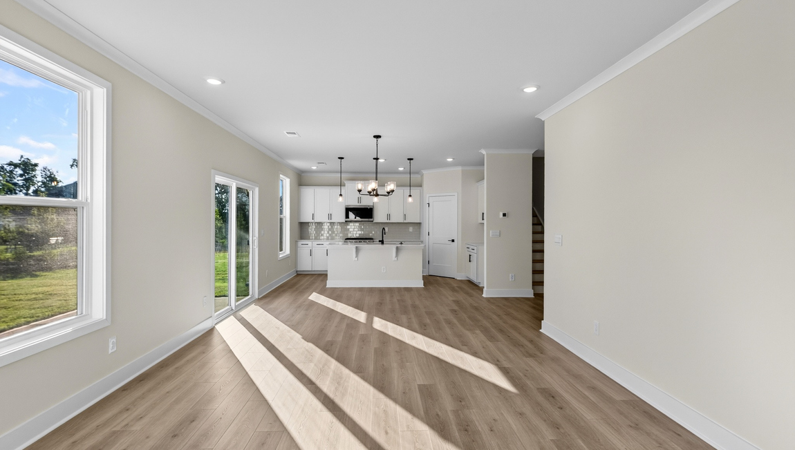 Kitchen and island with windows