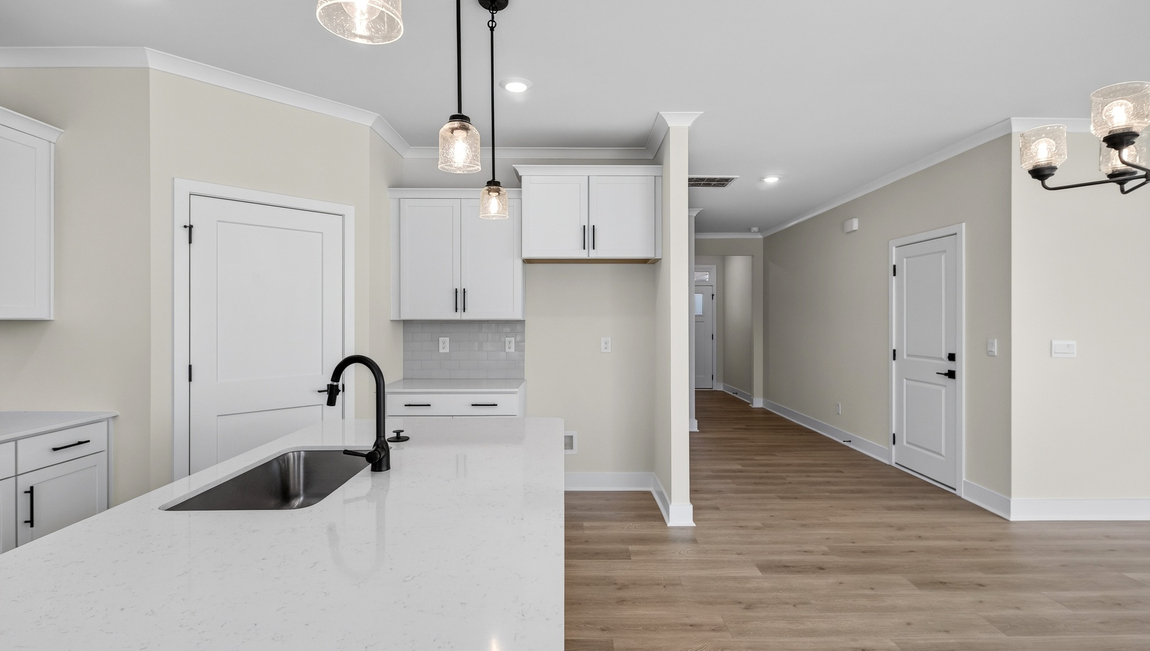 Kitchen and island with windows