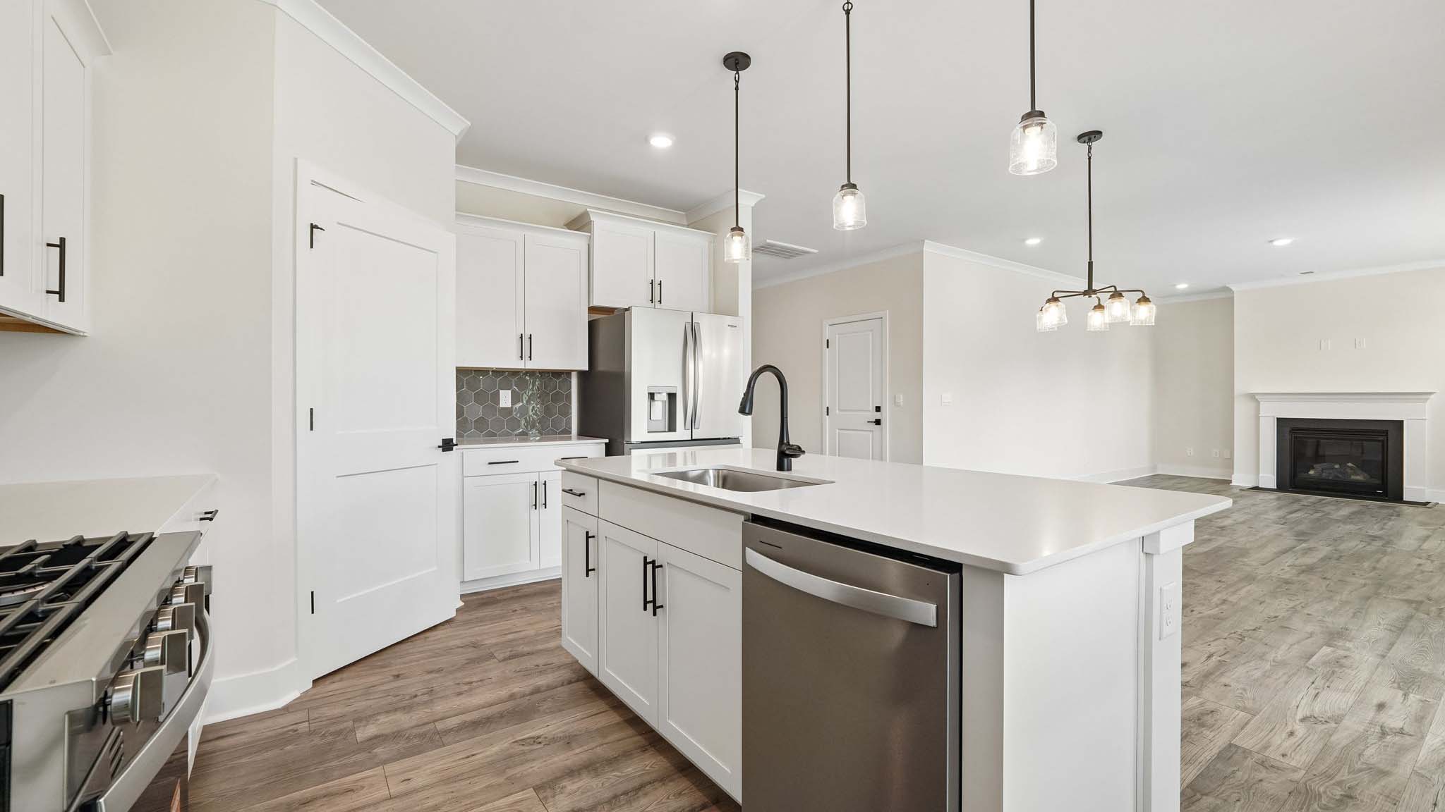Kitchen and island with windows