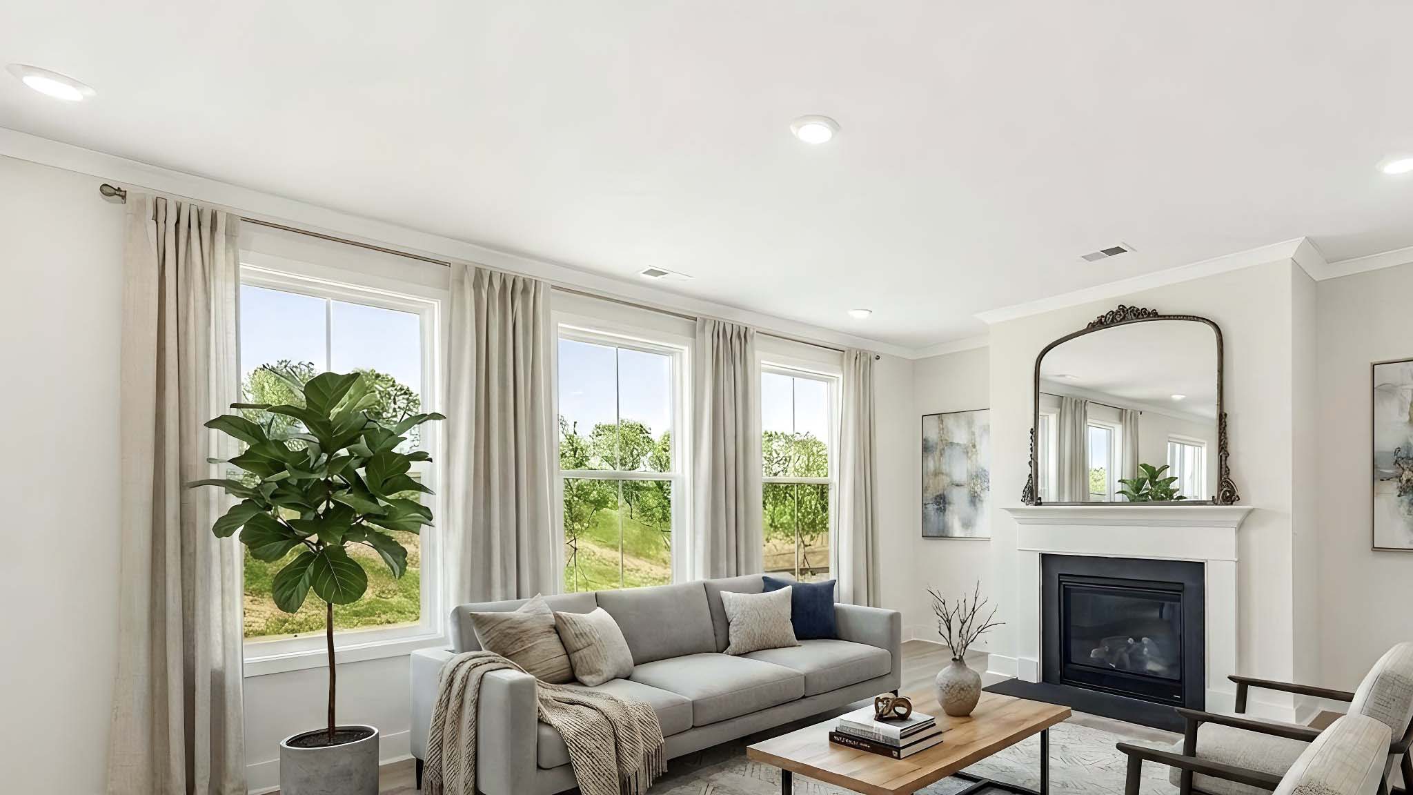 Open living room area with fireplace
