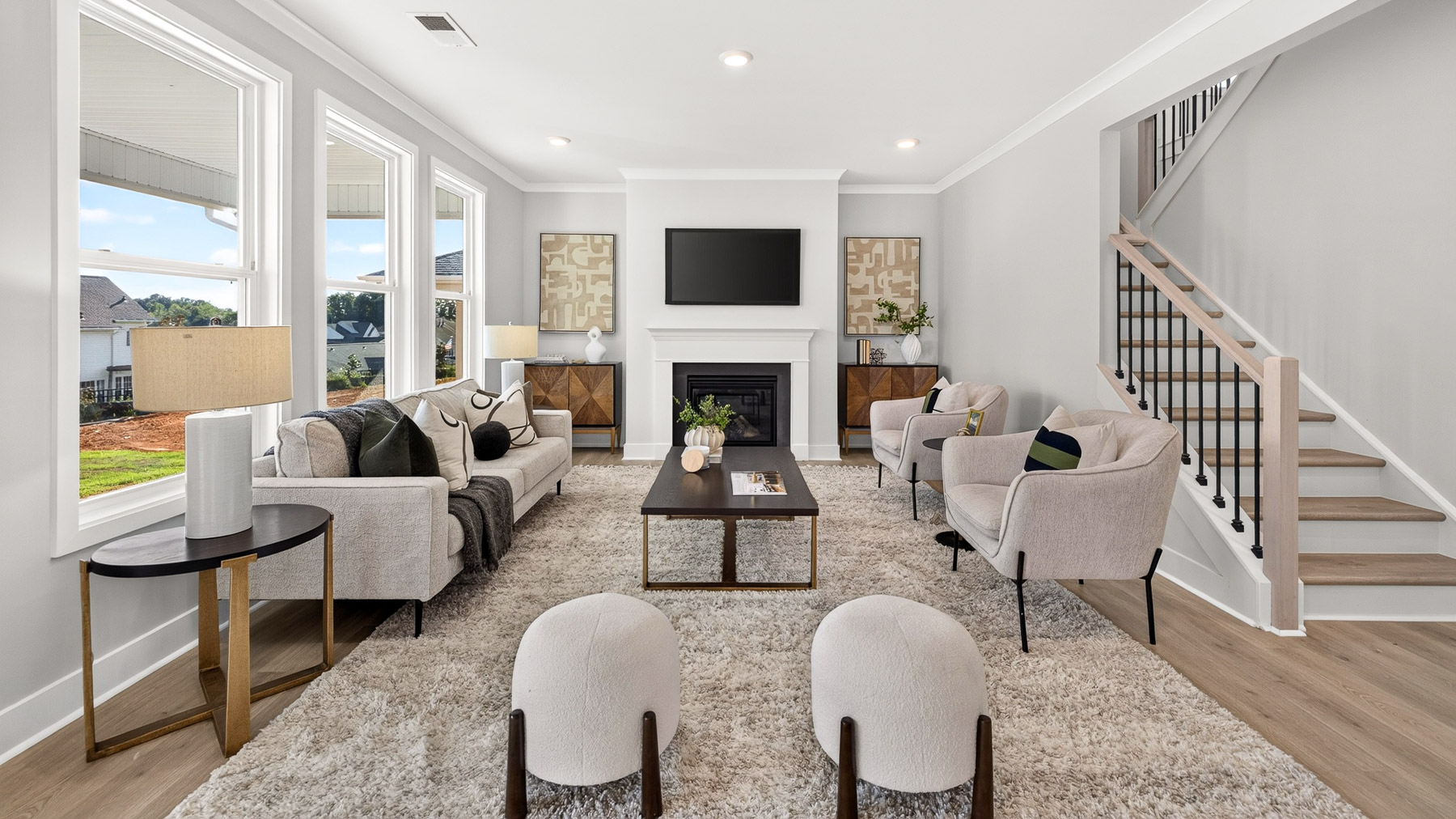 Open living room area with fireplace