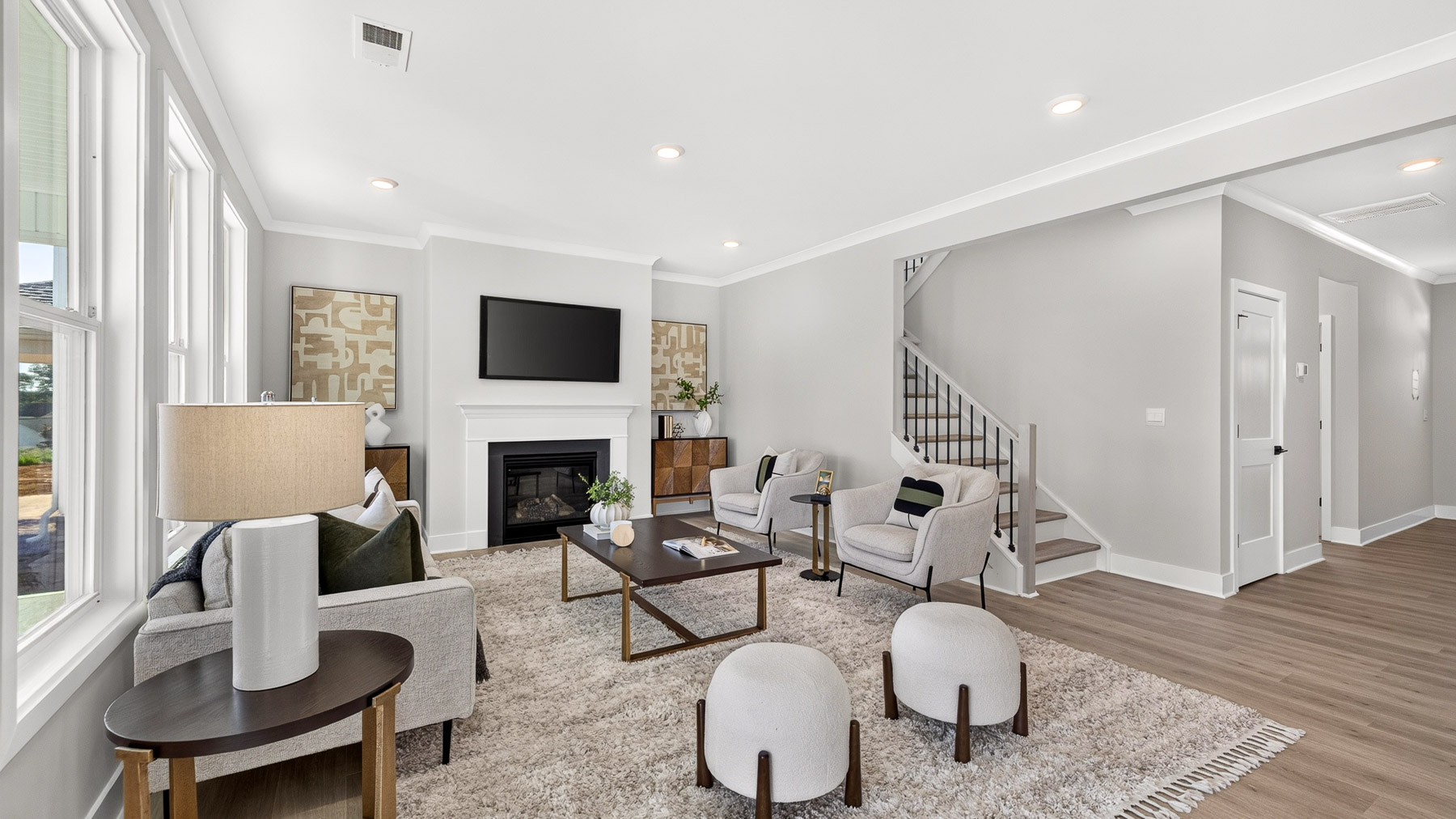 Open living room area with fireplace