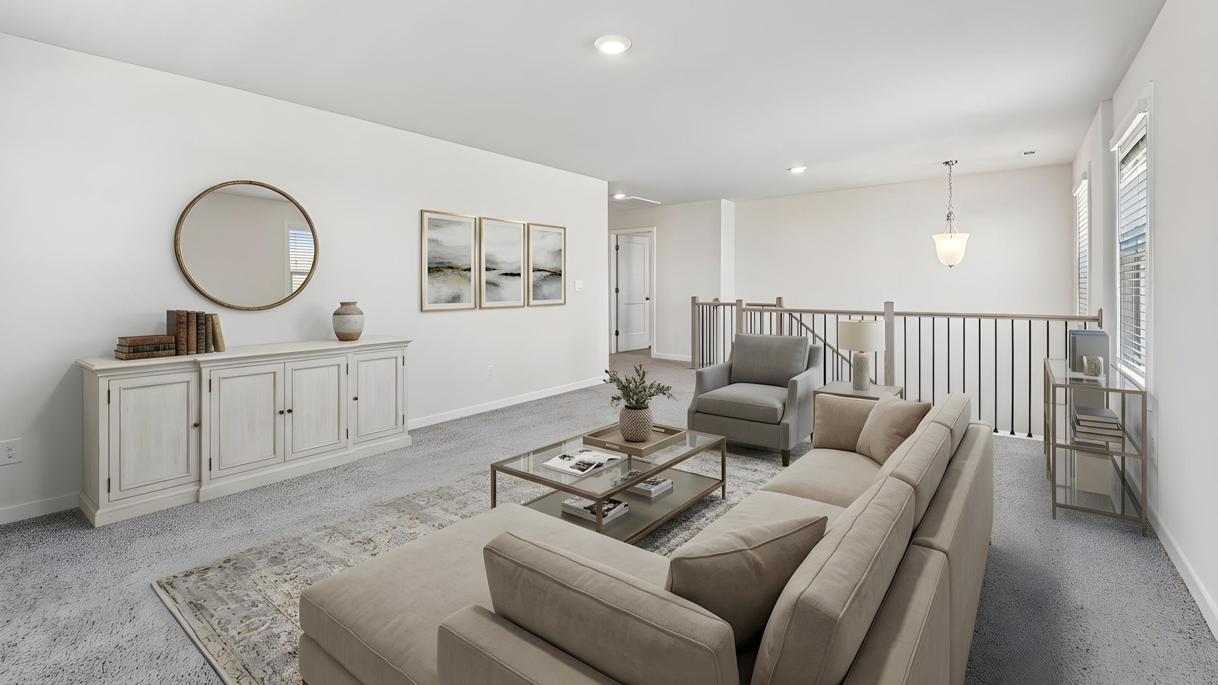 Upstairs carpeted loft with windows