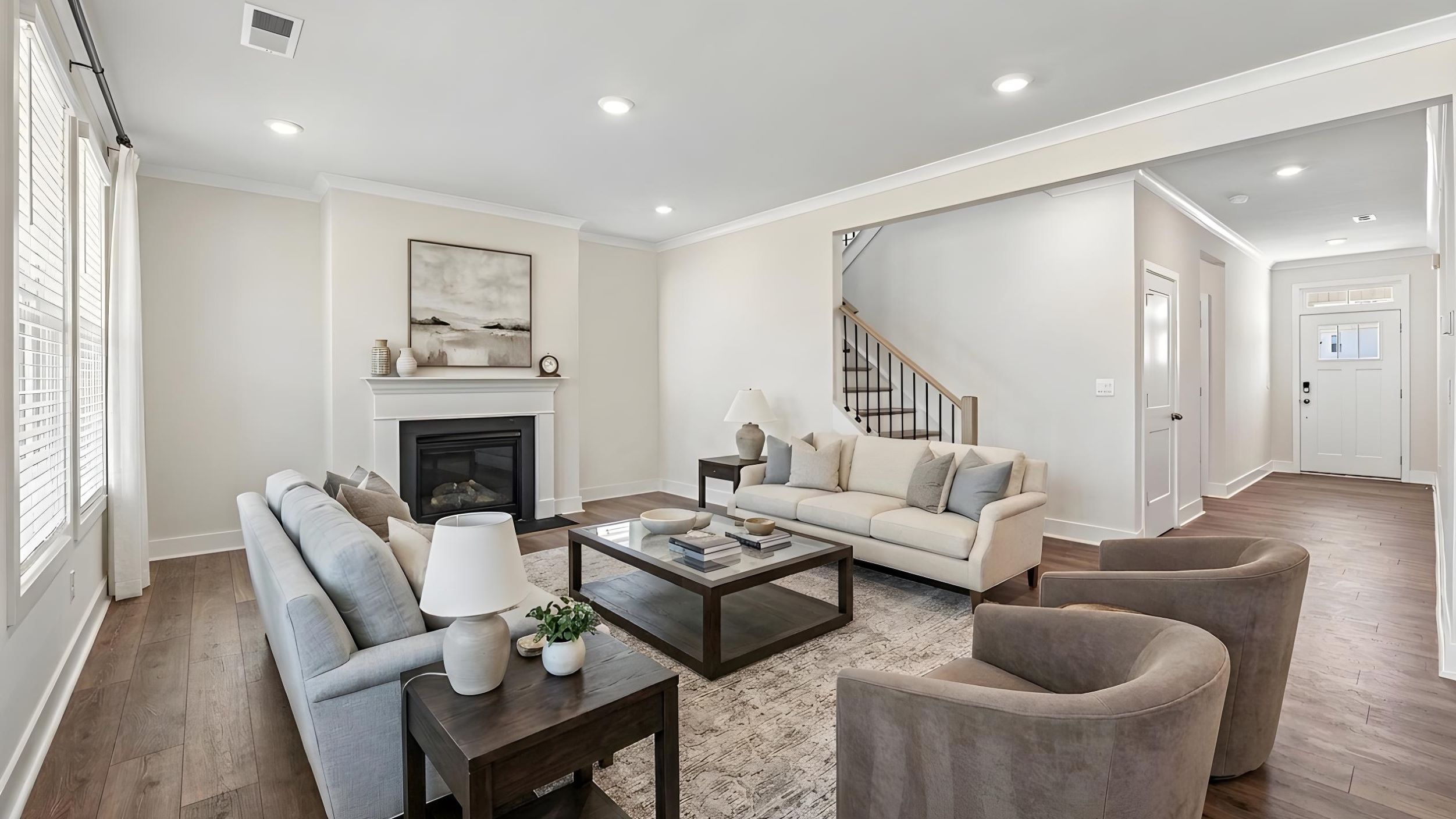 Open living room area with fireplace