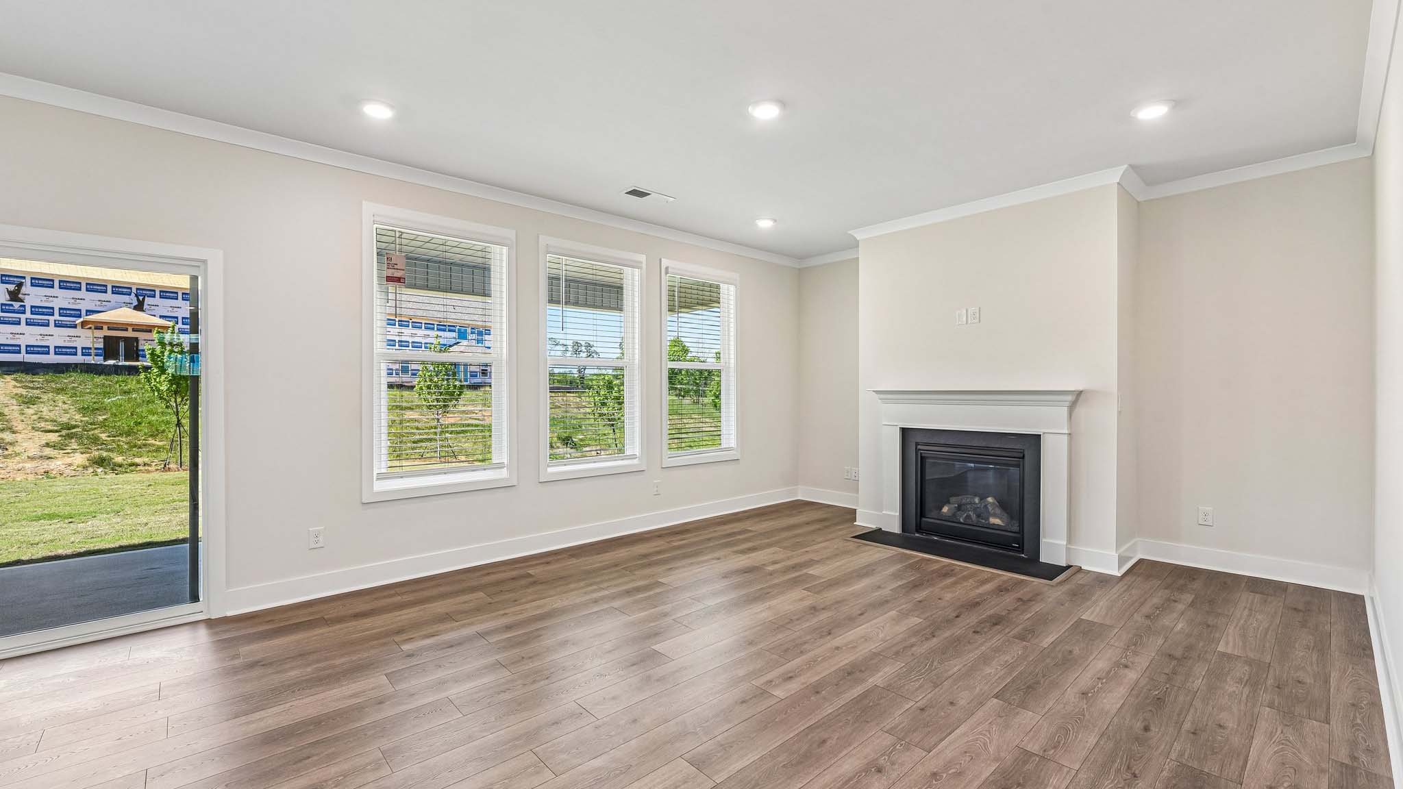 Open living room area with fireplace